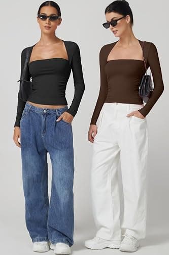 QINSEN Long Sleeve Square Neck Tops for Women Double Lined Side Ruching Going Out Shirts Basic Tee thumbnail 6