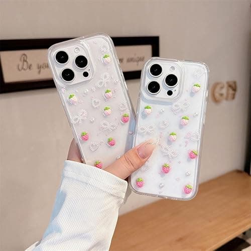 Fycyko Compatible for iPhone 15 3D Strawberry Pearl Bow Clear with Design Aesthetic Women Teen Girls Glitter Pretty Sparkle Sparkly Cute Girly Phone Cases Protective Cover+Pearl Chain thumbnail 7