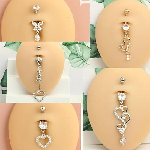 TIANCI FBYJS 14G Women Belly Button Rings Surgical Stainless Steel Dangle Belly Rings 10mm Belly Bar Body Piercing Navel Jewelry Butterfly Heart Flower Dangling Silver Gold Belly Piercings 11pcs thumbnail 5