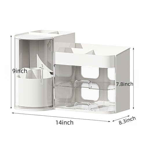 Makeup Organizer with Rotating Brush Holder Cosmetic Organizer with Drawers Countertop Skincare Organizer for Vanity,Cosmetic Display Case Storage (White, Large) thumbnail 2