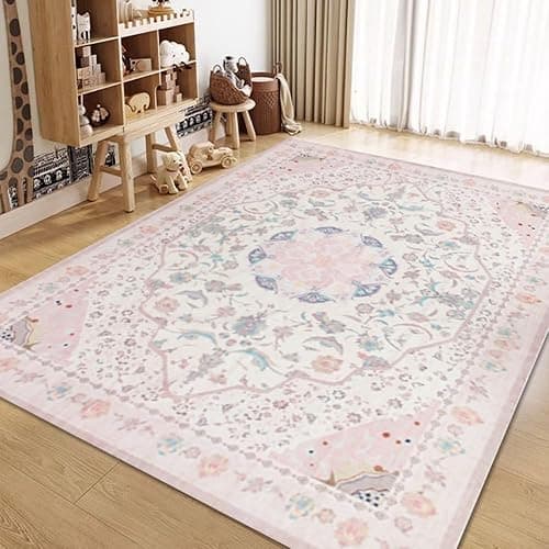 auruge Area Rug - Vintage 5x7 Non-Slip Backing Area Rugs Light Pink Soft Faux Wool Carpet Foldable & Machine Washable Rugs for Living Room Bedroom Dining Room Nursery Home Office - 5'x7' - Pink thumbnail 6