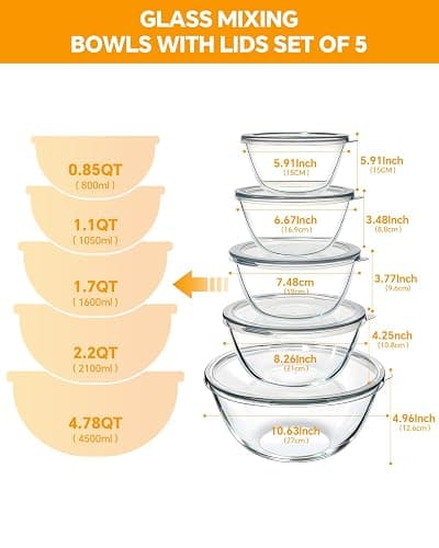 Glass Mixing Bowls with Lids Set of 5(4.78QT,2.2QT,1.7QT,1.1QT,0.85QT),Thick Glass Nesting Bowls for Kitchen Baking,Cooking Prep,Storage,Serving,Large Salad Bowls,Dishwasher Microwave Freezer Safe thumbnail 3
