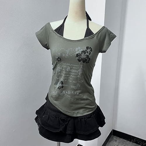 Emo Grunge Shirts Women 2000s Graphic Baby Tees Fake Two Piece Short Sleeve Vintage Y2k Crop Top Goth Alt Clothes - Grey Flower - Large thumbnail 4