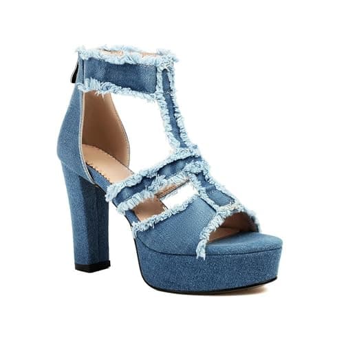 Donna Tacco Grosso Alto Sandali Estivi Peep Toe Denim Platform Sandali Cinghia A T Décolleté da Vestito con Cerniera Posteriore - Image 1