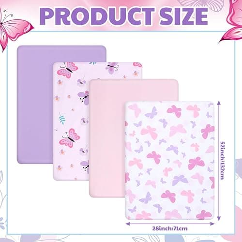 Mixweer 4 Pack Butterfly Baby Crib Sheet Set for Girls Standard Size Crib Toddler Mattresses Soft Breathable Sheets for Baby Gifts Home Nursery Toddler, Pink Purple thumbnail 2