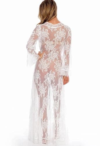BUTTZO Women Sexy Long Lace Dress Sheer Gown See Through Lingerie Kimono Robe Swimsuit Cover Up thumbnail 5
