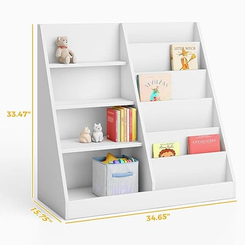 Tatub 6 Tier Kids Wooden Bookshelf and Toy Storage, Children Toy Organizer with Book Shelves, Toddler BookRack Baby Bookcase for Nursery, Playroom and Classroom, White thumbnail 3