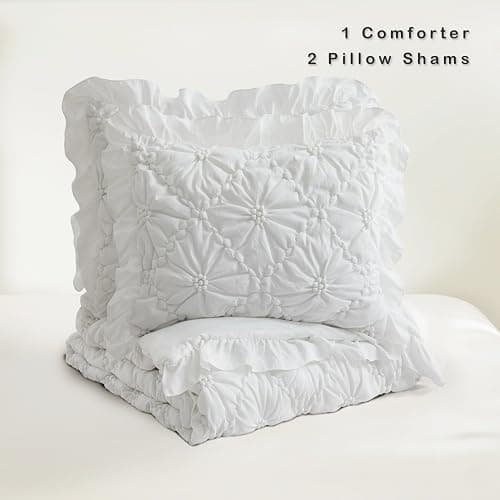 BEDAZZLED Queen Size Comforter Sets, White Bedding Comforter Set, 3 Pieces Pinch Pleat Bedding Sets with Comforter and Pillowcases Soft Farmhouse Shabby Chic Comforter for All Season thumbnail 3