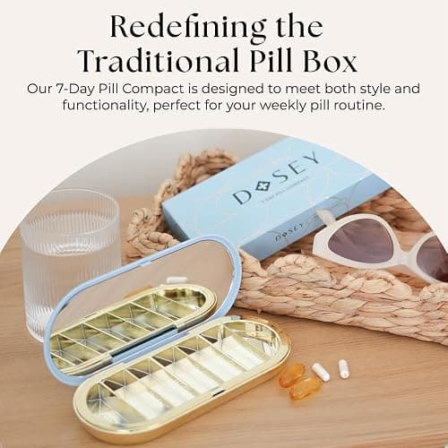 Dosey 7 Day Pill Compact Travel Pill Organizer - Pill Case with 7 Pill Compartments for Medicine Storage & Protection – Stylish & Elegant Medication Organizer with Mirror (Blue) thumbnail 2