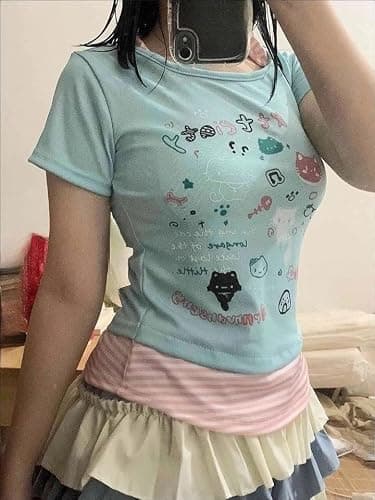 Kawaii Cutecore Harajuku Y2k 2000s Tops Summer Preppy Aesthetic Alt Goth Emo Short Sleeve Graphic Tees thumbnail 4