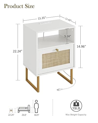 Masupu Rattan Nightstand with Charging Station,Modern Boho Farmhouse Wood Bedside Table with Storage Drawer and Open Shelf,Small Gold Frame Side End Table for Bedroom,Living Room,Office White thumbnail 2