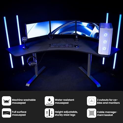 Arozzi Arena Angelo L Shaped GamingDesk, PC Gaming Desk L Shape, Height Adjustable L Shaped Standing Desk for Home Office, Computer Desk with Full Coverage Mouse Pad (Gun Metal) thumbnail 4