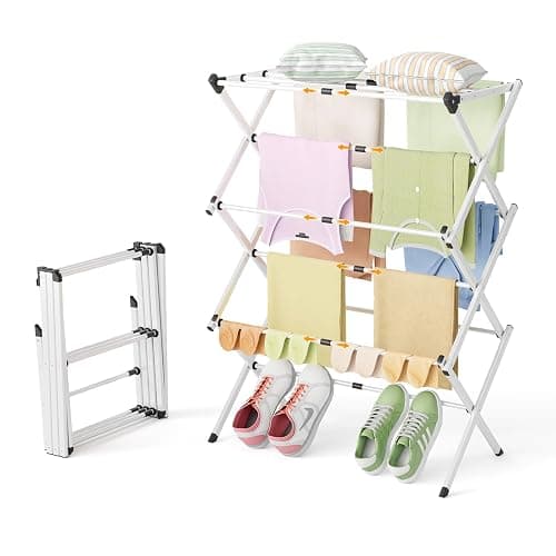 CEHIFIA Foldable Clothes Drying Rack - 3-Tier Laundry Drying Rack, Collapsible Metal Indoor Airer, Portable X-Type Clothing Dryer with Shoe Hanger for Home & Balcony (No Assembly Required) - Image 1