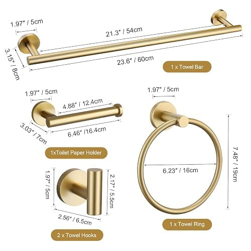 TURS Brushed Gold 5 Piece Bathroom Hardware Set, SUS304 Stainless Steel 24 Inch Bath Towel Bar Set, Round Bathroom Accessories Kit Wall Mounted thumbnail 3