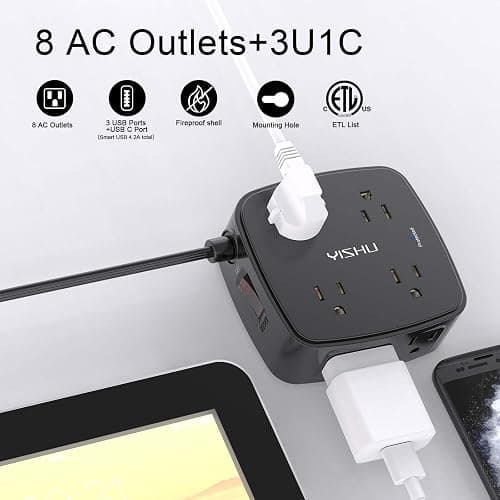 10 Ft Surge Protector Power Strip - YISHU 8 Widely Outlets with 4 USB Ports, 3 Side Outlet Extender with 10 Feet Flat Extension Cord, Ultra Flat Plug, Wall Mount, Desk USB Charging Station, ETL, Black thumbnail 2