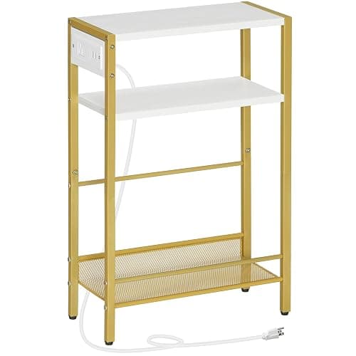 NIGHTSTAND | Amazon | HOOBRO Small Narrow Side Table with Charging Station, Skinny End Table for Small Spaces, Slim Nightstand with USB Ports Outlet, Sofa Beside Table with Storage Shelf, White and Gold DW102UBZ01 - 1 - Gold + White - Image 1