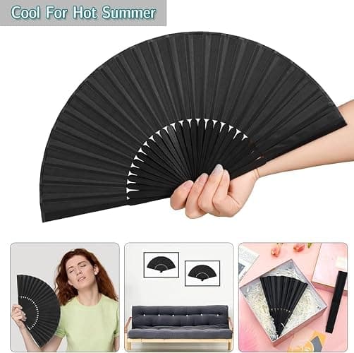 3 Pcs Hand Fan Folding,Silk Fabric Plastic Ribs Handheld Fans,Hand Held Paper Fan for Women Line Dance Cosplay Props Wedding Summer Festival Party Decorations Gifts (Black and White) thumbnail 5