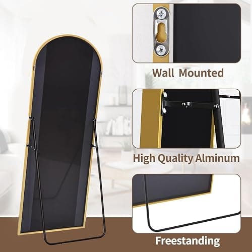 OGCAU Floor Mirror Full Length, 56"x20" Arched-Top Full Body Mirror, Hanging or Leaning, Standing, Wall Mirror with Aluminum Frame for Bedroom Living Room, Gold thumbnail 5