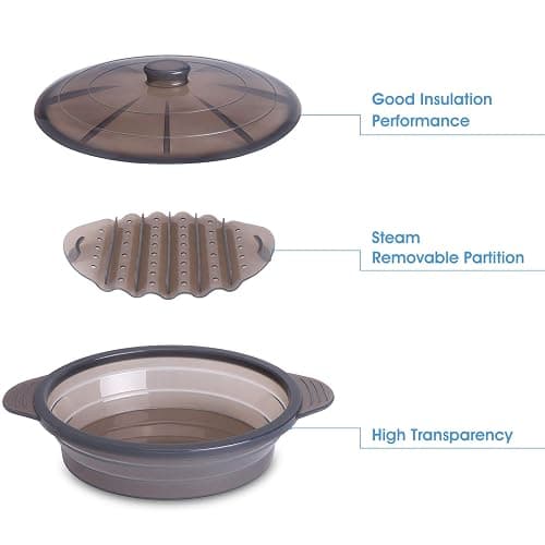 Microwave Steamer Cooker Collapsible Bowl Silicone Baked Potato Cookware with Handle Lid for Vegetables Fish Prep Meal Food with Removable Rack BPA Free Easy to Store Freezer Dishwasher Safe Black thumbnail 5