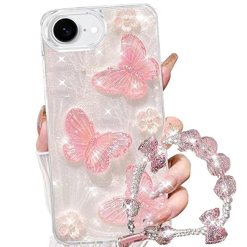 Changjia for iPhone 17e/16e Glitter Butterfly Case,Cute Girly 3D Flower Floral Crystal Pearl Bling Sparkle with Wrist Strap Chain Soft TPU Aesthetic Women Girls Phone Case for iPhone 17e/16e 6.1",Pink - Image 1
