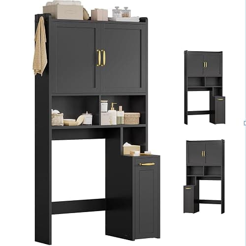 UPOSOJA Over The Toilet Storage Cabinet with Pulley Small Bathroom Storage Cabinet, Space Saver W/Adjustable Shelf & Open Shelf for Bathroom, Restroom, Laundry (Black) thumbnail 9