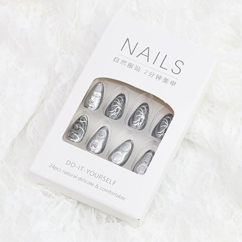 24Pcs Dark Gothic Press on Nails Medium Almond Fake Nails with 3D Irregular Line Design Silver Chrome False Nails Glossy Black Acrylic Nails Full Cover Glue on Nails Goth Stick on Nails for Women - Dark Gothic Nails-2 thumbnail 5