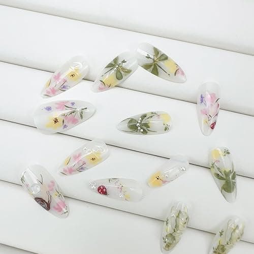LBPEPAMZ 30Pcs Colorful Flower Press On Nails Medium Almond Fake Nails with 3D Water Drop Pearl Design Spring Summer Floral Gold Line False Nails Snails Dragonfly Butterfly Stick on Nails for Women thumbnail 5