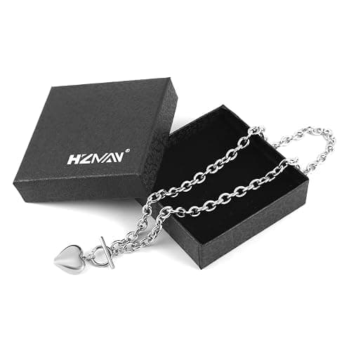 HZMAN Women Stainless Steel Multilayer Necklace Heart Pendant Dog Tag Pendant Chunky Cuban Chain Link Toggle Clasp Necklace thumbnail 6