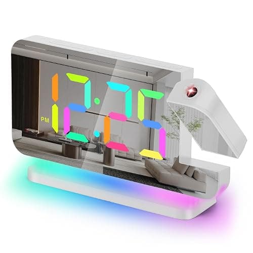 Poeroa Projection Clock, 7.4" LED Mirror Digital Alarm Clocks, with RGB Night Light, 180° Rotatable Projector,USB C Charger Port, Auto Dimmer, Modern Desk Clock for Teens Girl Adults Bedroom - White - Image 1