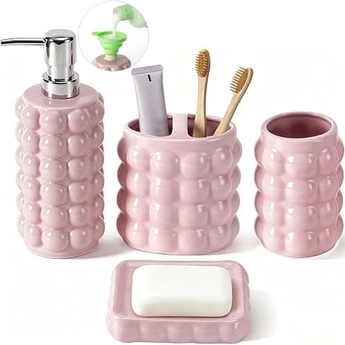 4 Piece Ceramic Bathroom Accessories Set –Soap Dispenser,Toothbrush Holder,Tumbler & Soap Dish,Includes Silicone Funnel,Non-Slip,Modern Farmhouse Countertop Organizer Set for Bathroom Decor, Pink - Image 1
