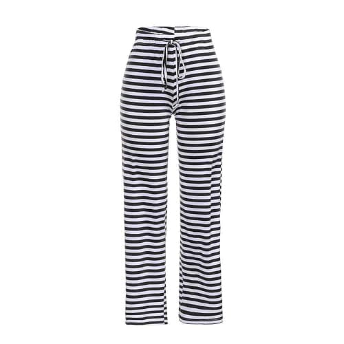ACemt House Trousers Women's Long Striped Pyjama Bottoms Cotton Thin Pyjama Bottoms Wide Leg Pyjama Bottoms Loose Soft Autumn Trousers with Elastic Band Baggy Winter Trousers Stretch Leisure Trousers thumbnail 3