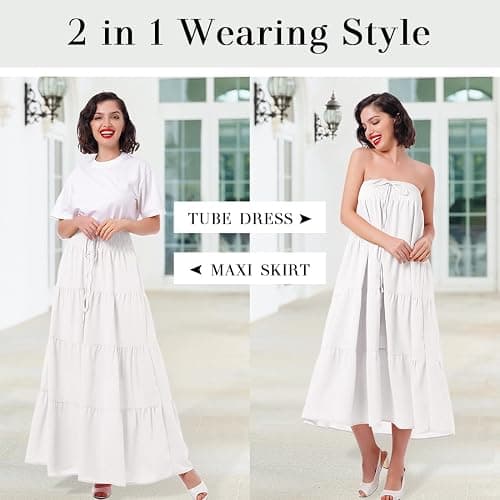 IWEMEK Women Boho Elastic Waist A Line Ruffle Beach Convertible Maxi Skirt Dress Tired Pleated Drawstring Chiffon Long Skirts thumbnail 3