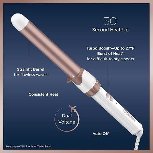 Conair CD705GNC Double Ceramic 1-Inch Curling Wand, 1-inch barrel produces classic long-lasting curls – Hair curler for short, medium, and long hair, Up to 400˚F high heat with Turbo Boost, Dual Voltage thumbnail 4