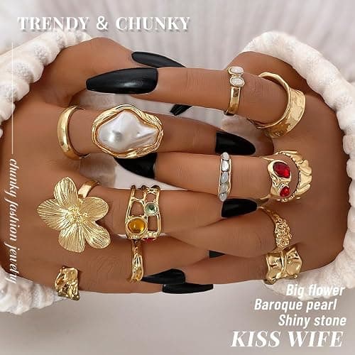 KISS WIFE Golden Chunky Rings Set for Women, Big Flower Artificial Crystal Baroque Pearl Irregular Stackable Knuckle Rings Pack, Vintage Chunky Jewelry Gift thumbnail 6