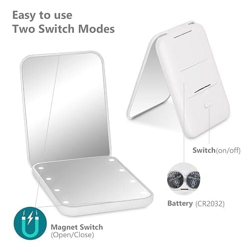 Kintion Pocket Mirror, 1X/3X Magnification LED Compact Travel Makeup Mirror with Light for Purse, 2-Sided, Portable, Folding, Handheld, Small Lighted Mirror for Gift, White thumbnail 6