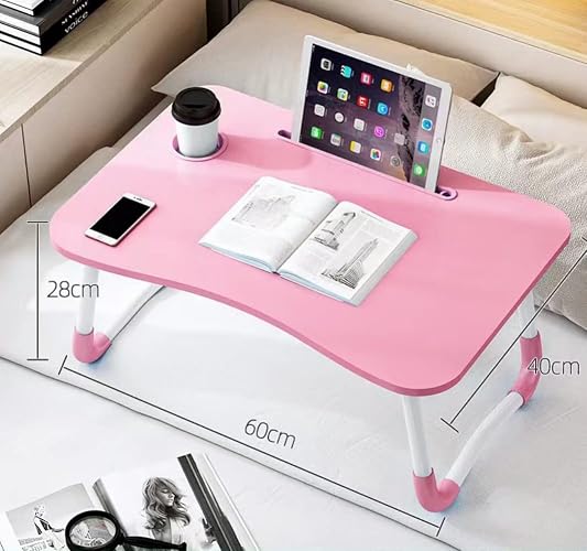 Laptop Bed Table, Foldable Laptop Desk Bed Tray with Storage Drawer, Lap Desk TV Tray for Breakfast Serving, Notebook Stand Reading Holder with Phone Slot and Cup Holder for Sofa Couch Floor-Pink thumbnail 6