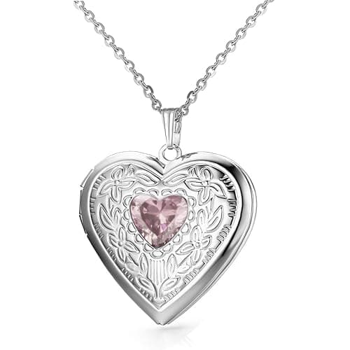 Birthstones Locket Necklace that Holds Pictures Love Heart Photo Locket Crystals Necklace Pendant Birthday Gifts - Image 1