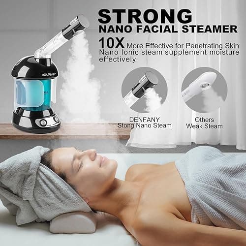 Facial Steamer - DENFANY Nano Ionic Face Steamer with Extendable 360° Rotating Arm - Portable Facial Steamer for Personal Care at Home or Salo （Black） thumbnail 2
