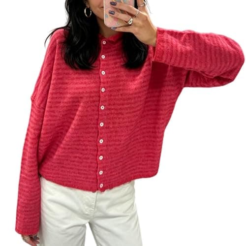 Women Knit Cardigan Sweaters Long Sleeve Button Down Loose Top | Striped Cardigans Women Casual Knitted Oversized Sweaters Y2k Vintage Jumper Knitwear Shirt Outwear Going out Top Streetwear - Image 1