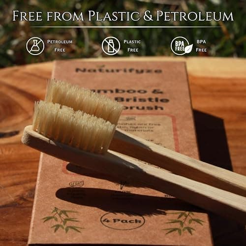 Naturifyze Boar Bristle & Bamboo Toothbrush (4 Pack) - Authentic Boar Bristles - Biodegradable - Plastic Free - Bamboo & Boar Bristle thumbnail 6