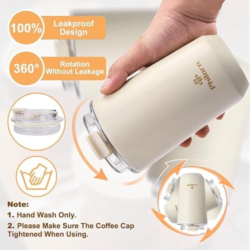 Philorn Thermobecher Kaffee to go Becher - 13oz/380ml Kaffeebecher to go mit Deckel, Auslaufsicher Coffee to-go Becher Thermo aus Edelstahl, Wiederverwendbar Kaffee Thermobecher, Weiß thumbnail 4