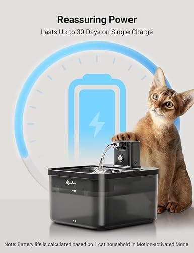 DownyPaws 2.5L Trinkbrunnen für Katze Kabellos, Katzenbrunnen Kabellos mit Bewegungsmelder und Batteriebetrieben, 4000mAh, Leise Wasserpumpe, Tablett aus Edelstahl für Katze, Schwarz mit 6 Filters thumbnail 4