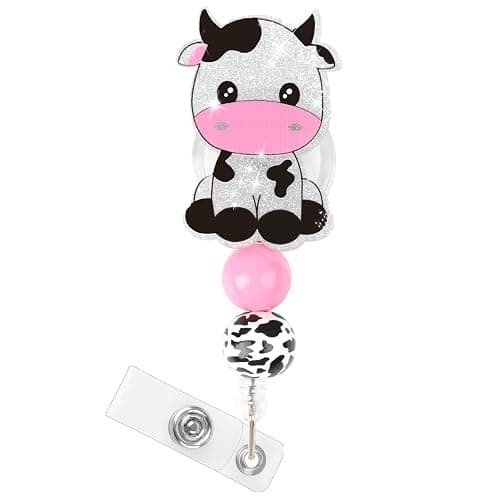 LLMSIX Cow Badge Reel Retractable, Cute Bling Cow ID Clip Badge Reels for Nurse Name ID Badge Holders with Alligator for Doctor Student Teacher Hospital School Office (Up to 25inch) - Image 1