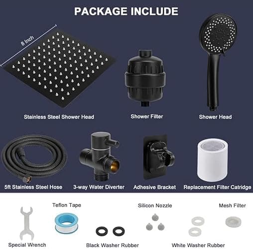 NearMoon Filtered Rain Shower Head, High Pressure 8″Square, and 5 settings Handheld Shower Filter Combo with Self-adhesive Holder/1.5M Hose -1 Replaceable Filter Cartridge (Matte Black) thumbnail 8