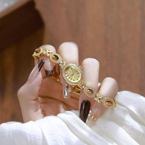 FANMIS Gold Tone Watches for Women with Small Vintage Bracelet Elegant Jade Oval Dial Dress Watch Fashion Quartz Wrist Watch Waterproof Watch thumbnail 6