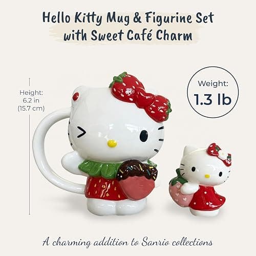 Blue Sky Clayworks Hello Kitty Strawberry Mug & Figurine Set, Ceramic, 7" L x 4" W x 7" H, Berry-Sweet Cocoa Pair thumbnail 3