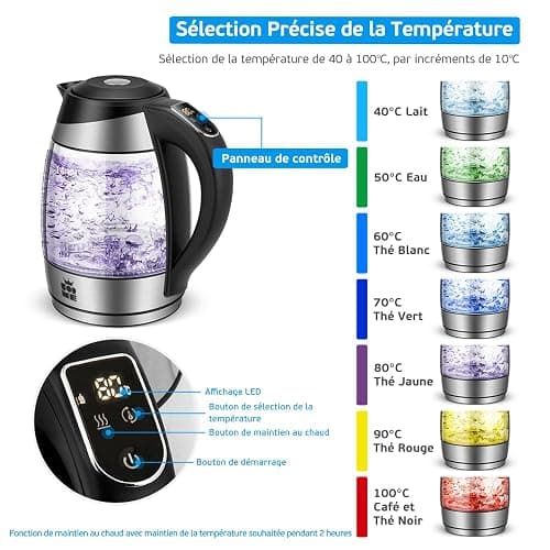 FOR ME Bouilloire Électrique en Verre 1.8L, Contrôle de la Température, Température Réglable à Partir de 40°C à 100°C, Éclairage LED 7 Couleurs, Fonction de Maintien au Chaud, Sans BPA thumbnail 2