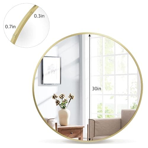 VooBang Gold Round Bathroom Mirror, 28 inch Circle Wall Mounted Hanging Mirror with Simple Modern Circular Metal Frame for Hallway, Entryway, Living Room, Gold Frame thumbnail 6