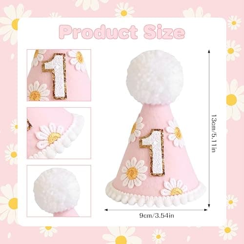Yoolhamy 1st Birthday Hat for Baby Girls Boys, Boho First Birthday Hat, Handmade One Birthday Crown Conical Cap Decorations - Daisy Pink thumbnail 2