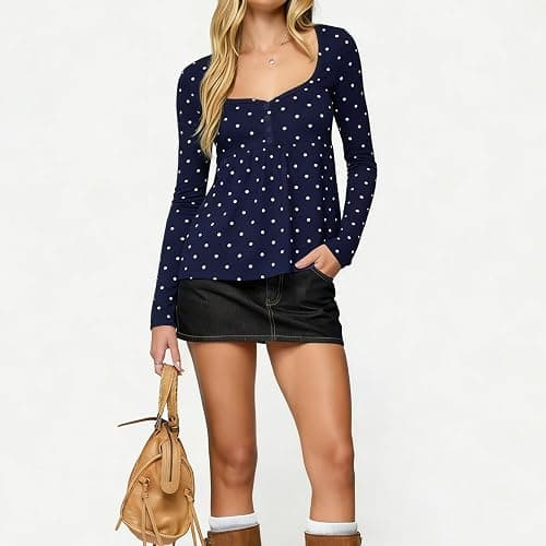 Baynoyia Women Babydoll Shirt Long Sleeve Henley Polka Dot Peplum Top Y2K | Button Up Neck thumbnail 2